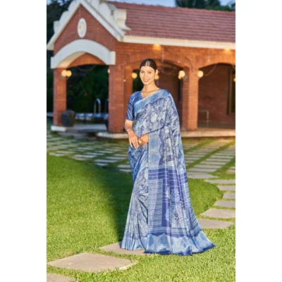 Women's Crepe Printed Saree With Unstitched Blouse (Dark Blue, 5-5 Mtrs)