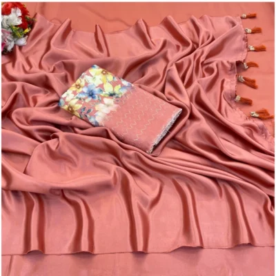 Women's Satin Solid Saree With Unstitched Blouse (Orange, 5-5 Mtrs)