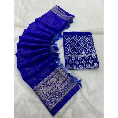Women's Georgette Printed Saree With Unstitched Blouse (Blue, 5-5 Mtrs)