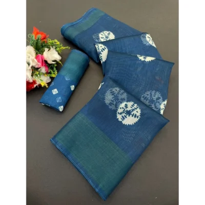 Women's Cotton Blend Printed Saree With Unstitched Blouse (Blue, 5-5 Mtrs)