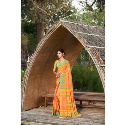 Women's Crepe Printed Saree With Unstitched Blouse (Mustard, 5-5 Mtrs)
