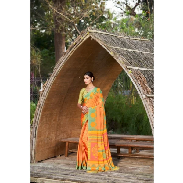 Women's Crepe Printed Saree With Unstitched Blouse (Mustard, 5-5 Mtrs)