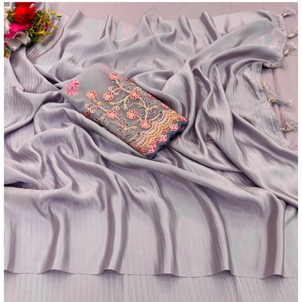 Women's Satin Solid Saree With Unstitched Blouse (Purple, 5-5 Mtrs)
