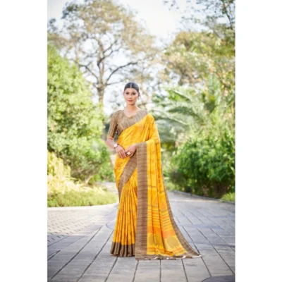 Women's Crepe Printed Saree With Unstitched Blouse (Yellow, 5-5 Mtrs)