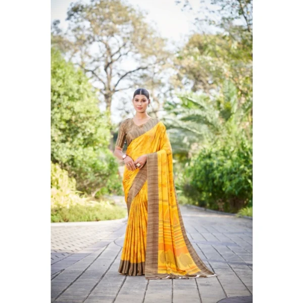 Women's Crepe Printed Saree With Unstitched Blouse (Yellow, 5-5 Mtrs)