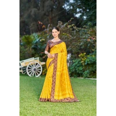 Women's Crepe Printed Saree With Unstitched Blouse (Yellow, 5-5 Mtrs)