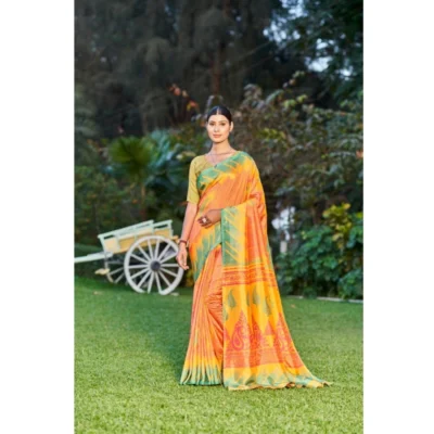Women's Crepe Printed Saree With Unstitched Blouse (Orange, 5-5 Mtrs)