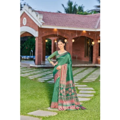 Women's Crepe Printed Saree With Unstitched Blouse (Green, 5-5 Mtrs)