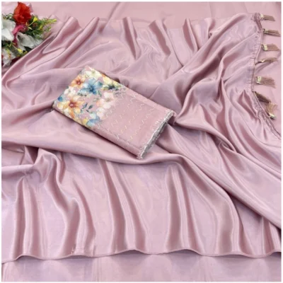Women's Satin Solid Saree With Unstitched Blouse (Lightpink, 5-5 Mtrs)