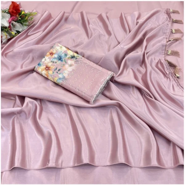 Women's Satin Solid Saree With Unstitched Blouse (Lightpink, 5-5 Mtrs)