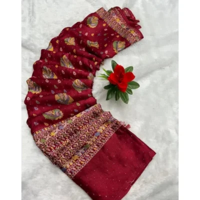 Women's Chiffon Printed Saree With Unstitched Blouse (Red, 5-5 Mtrs)