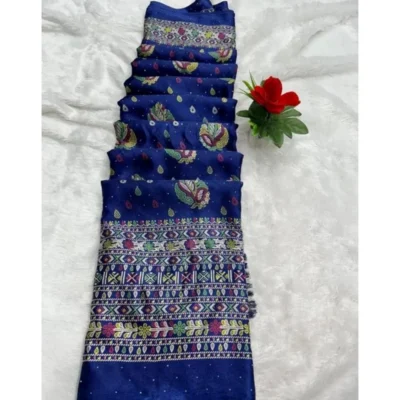 Women's Chiffon Printed Saree With Unstitched Blouse (Navy, 5-5 Mtrs)