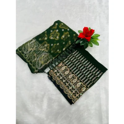 Women's Georgette Printed Saree With Unstitched Blouse (Dark Green, 5-5 Mtrs)