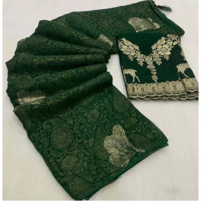 Women's Georgette Printed Saree With Unstitched Blouse (Green, 5-5 Mtrs)