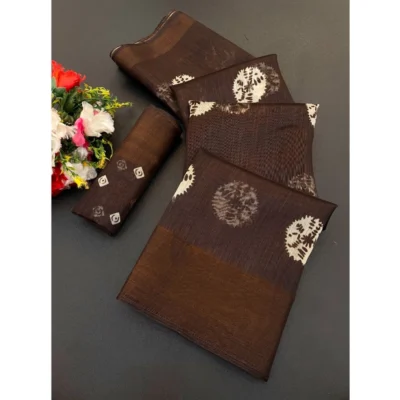 Women's Cotton Blend Printed Saree With Unstitched Blouse (Brown, 5-5 Mtrs)