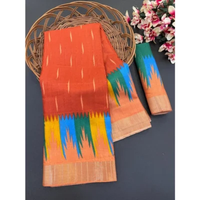 Women's Cotton Blend Printed Saree With Unstitched Blouse (Red, 5-5 Mtrs)