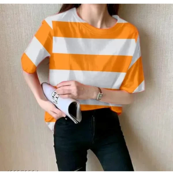 Women's Lycra Striped Round Neck Short Sleeve T-Shirt (White-Orange)
