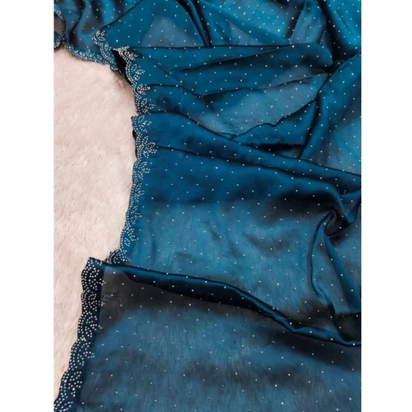 Women's Georgette Satin Silk Saree With Unstitched Blouse 5.5Mtr (Blue) - Image 3