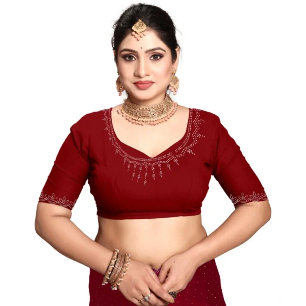 Women's Georgette Satin Silk Saree With Unstitched Blouse 5.5Mtr (Red) - Image 4