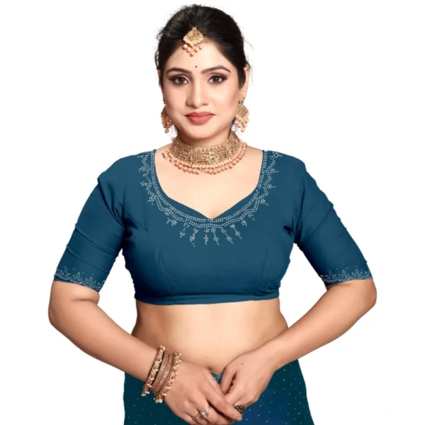 Women's Georgette Satin Silk Saree With Unstitched Blouse 5.5Mtr (Blue) - Image 4