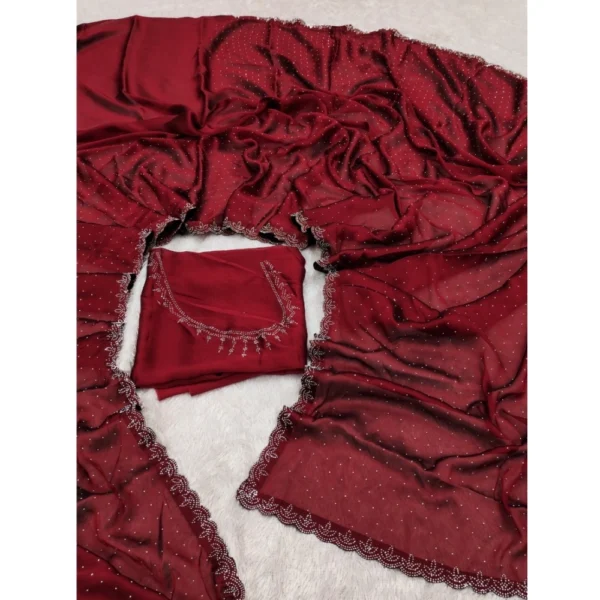 Women's Georgette Satin Silk Saree With Unstitched Blouse 5.5Mtr (Red) - Image 2