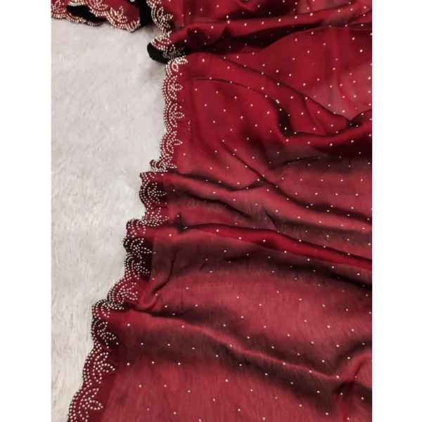 Women's Georgette Satin Silk Saree With Unstitched Blouse 5.5Mtr (Red) - Image 3