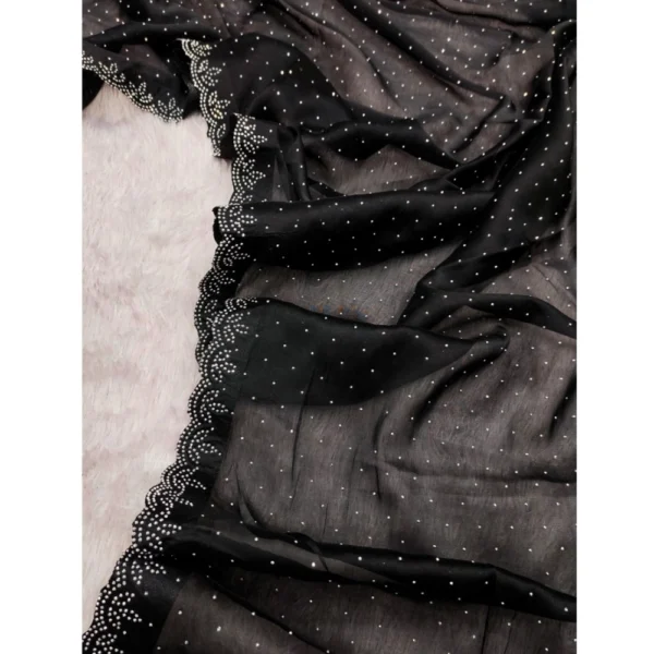 Women's Georgette Satin Silk Saree With Unstitched Blouse 5.5Mtr (Black) - Image 3