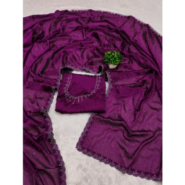 Women's Georgette Satin Silk Saree With Unstitched Blouse 5.5Mtr (Wine) - Image 2