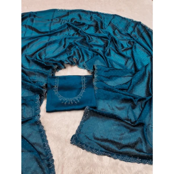 Women's Georgette Satin Silk Saree With Unstitched Blouse 5.5Mtr (Blue) - Image 2