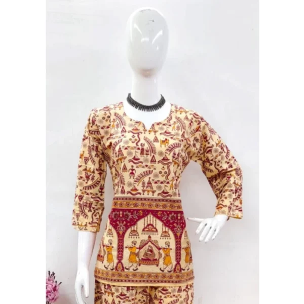 Women's Cotton Jaipuri Printed 3-4th Sleeve Co ord Set (Multicolor) - Image 3