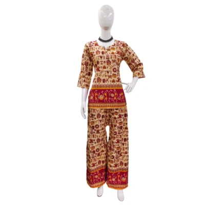 Women's Cotton Jaipuri Printed 3-4th Sleeve Co ord Set (Multicolor)