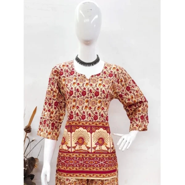 Women's Cotton Jaipuri Printed 3-4th Sleeve Co ord Set (Multicolor) - Image 3
