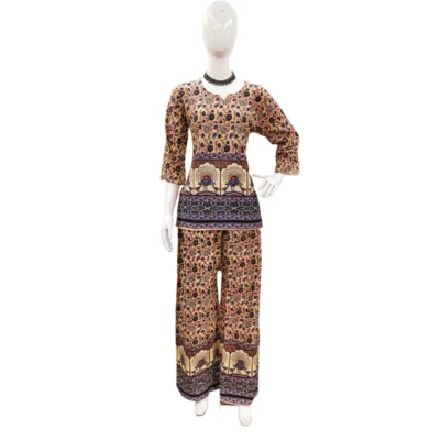 Women's Cotton Jaipuri Printed 3-4th Sleeve Co ord Set (Multicolor)