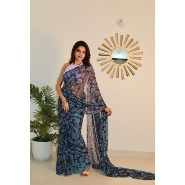 Women's Georgette Printed Saree With Unstitched Blouse 5.5Mtr (Light Blue ) - Image 2