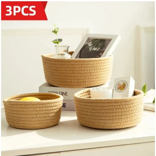 Cotton 3 Pcs Round Set Storage Basket For Clothes (Brown) - Image 3