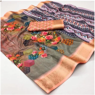 Women's Cotton Silk Printed Saree With Unstitched Blouse 5.5Mtr (Multicolor)