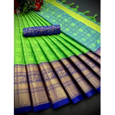 Women's Cotton Silk Printed Saree With Unstitched Blouse 5.5Mtr (Green)