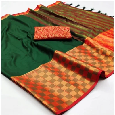 Women's Cotton Silk Checkered Saree With Unstitched Blouse 5.5Mtr (Bgreen)