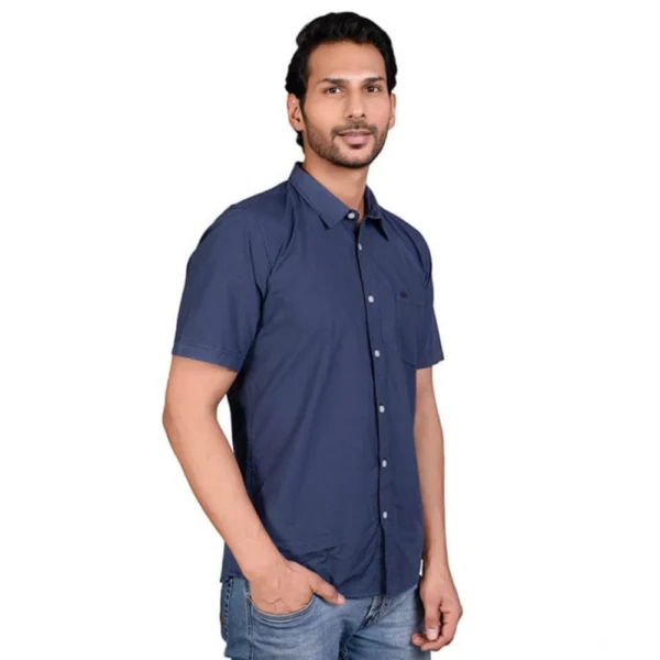 Men's Casual Cotton Half Sleeve Solid Shirt (Navy) - Image 4