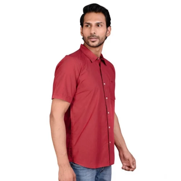 Men's Casual Cotton Half Sleeve Solid Shirt (Red) - Image 3