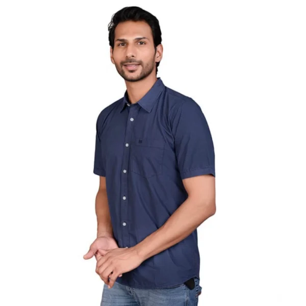 Men's Casual Cotton Half Sleeve Solid Shirt (Navy) - Image 3
