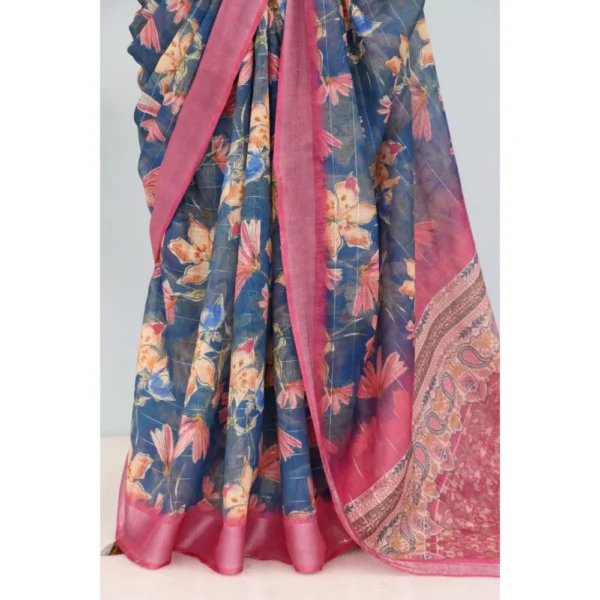 Generic Women's Linen Digital Print Saree With Unstitched Blouse 5.5Mtr (Blue) - Image 3