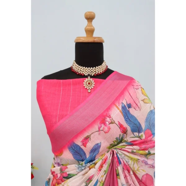 Generic Women's Linen Digital Print Saree With Unstitched Blouse 5.5Mtr (pink) - Image 4