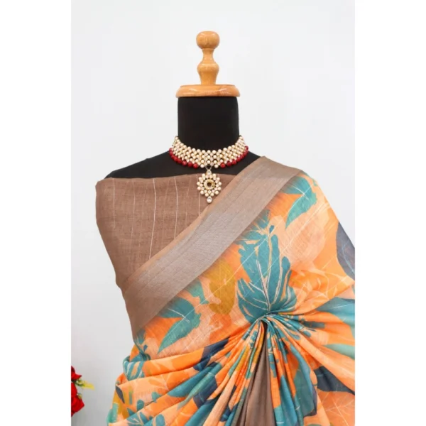 Generic Women's Linen Digital Print Saree With Unstitched Blouse 5.5Mtr (Green) - Image 3