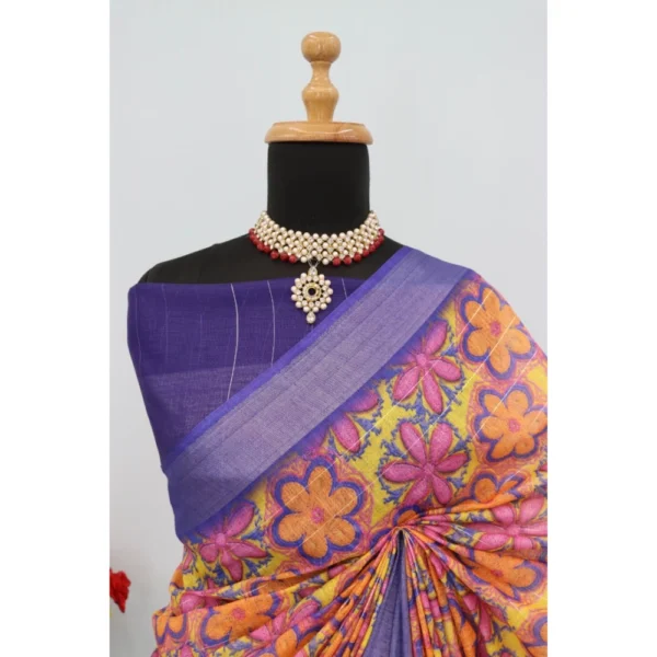 Generic Women's Linen Digital Print Saree With Unstitched Blouse 5.5Mtr (Multicolor) - Image 4