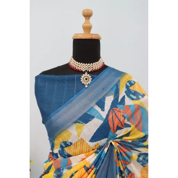 Generic Women's Linen Digital Print Saree With Unstitched Blouse 5.5Mtr (Multicolor) - Image 4