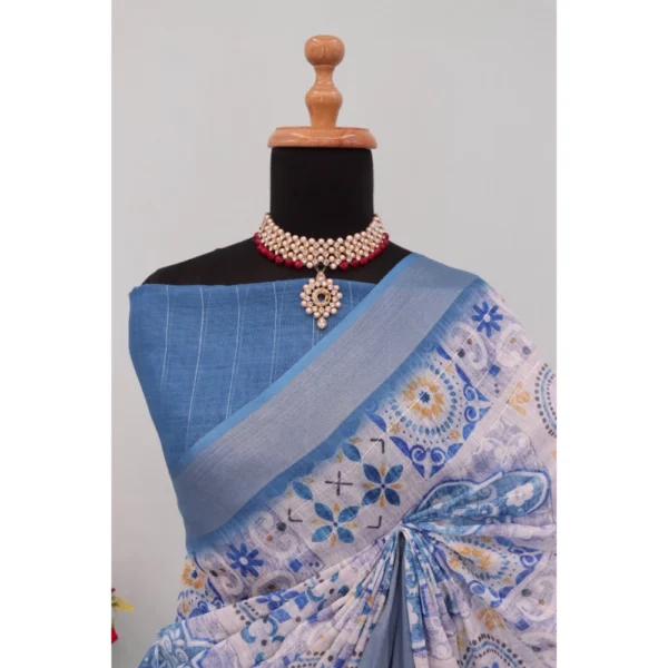 Generic Women's Linen Digital Print Saree With Unstitched Blouse 5.5Mtr (Blue) - Image 4