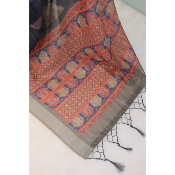 Generic Women's Linen Digital Print Saree With Unstitched Blouse 5.5Mtr (Blue) - Image 2