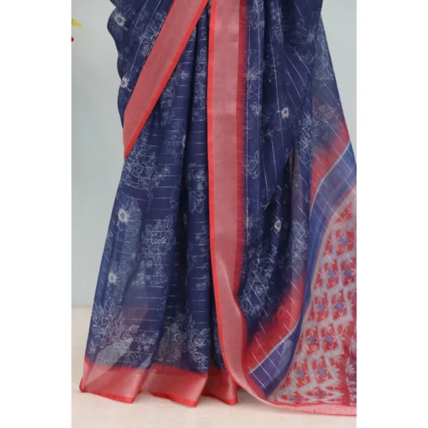 Generic Women's Linen Digital Print Saree With Unstitched Blouse 5.5Mtr (Blue) - Image 3