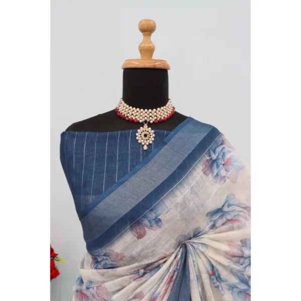 Generic Women's Linen Digital Print Saree With Unstitched Blouse 5.5Mtr (Blue) - Image 2